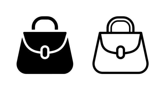 Stylish lady purse icon set featuring solid and line art designs for fashion and retail branding