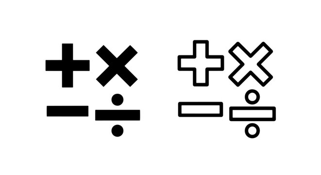 Basic mathematical symbols plus minus multiply and divide in solid and outline styles