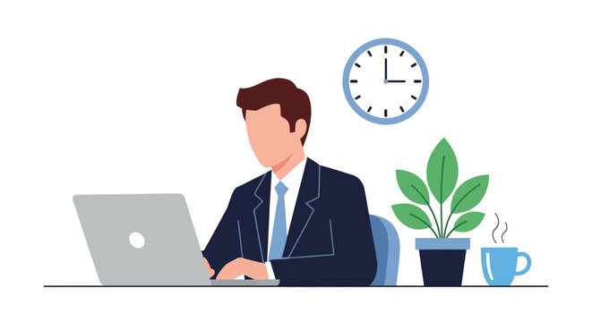 Businessman working diligently at modern office desk with laptop and coffee