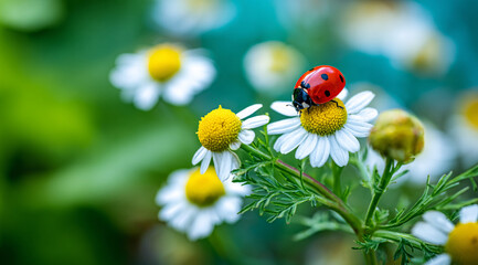 A ladybug crawls over a chamomile flower.