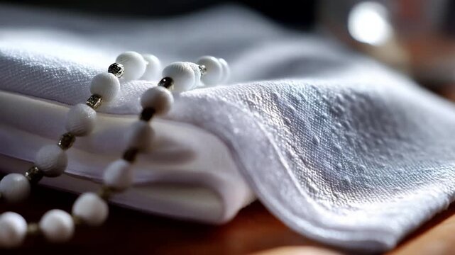 Macro closeup of textured white ihram fabric visible weave pattern detail prayer beads beside cloth soft de