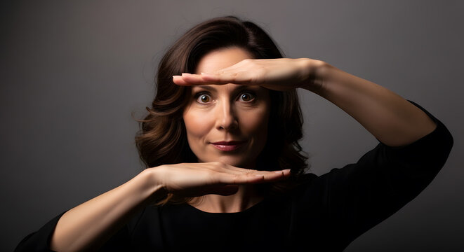 A woman in a dark dress making a T sign gesture with her hands in front of her face against a gray background
