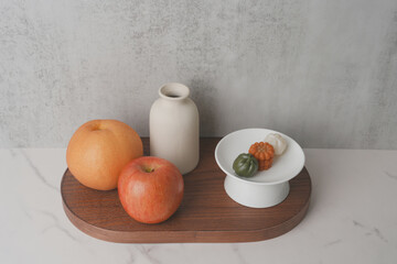 한국 명절 설날 추석 과일 정물 세트 배경화면