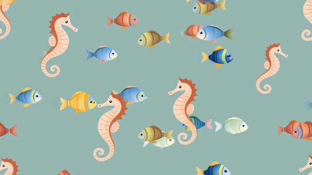 Colorful cartoon seahorses and fish swim together in a sea pattern on a blue background, ideal for textile design or wallpaper