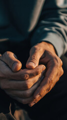 Close-up of two hands clasped together, showing age and texture.