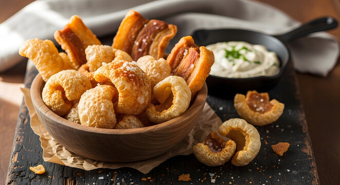 Crispy fried pork rinds and pork belly served in a wooden bowl with a creamy dipping sauce on the side