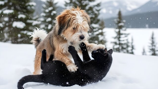 Scruffy brown and white dog gently pins a sleek black cat in the snow during a rambunctious play fight, both pets full of energy and trust as they tumble across the sparkling winter landscape in a joy