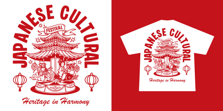 Japanese heritage vector illustration featuring a traditional kimono, folklore elements, and oriental style artwork. Clean line art design with vintage cultural vibe, perfect for t-shirt