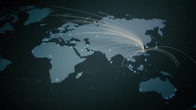 Global business network map with glowing data connections, worldwide connectivity, logistics routes, secure communication, cloud infrastructure, big data technology - Shanghai, China