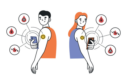 Man and woman using wearable glucose patch and smartphone to check blood sugar levels. Flat cartoon vector illustration about health monitoring, diabetes control, progress tracking and medical care