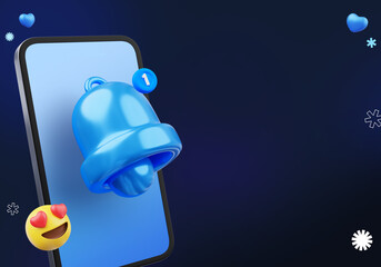3D rendering of smartphone with notification bell and floating coins for digital reward marketing