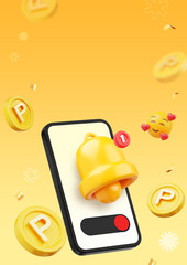 3D smartphone illustration with golden notification bell and floating coins on yellow background