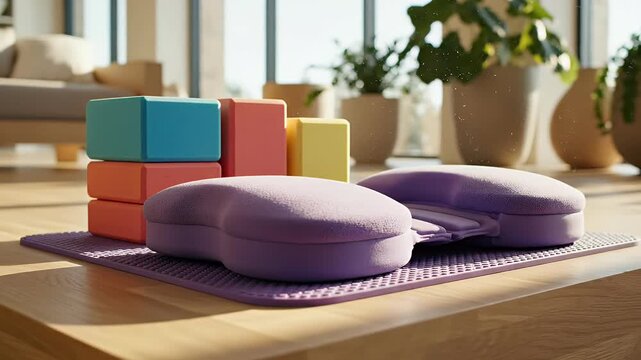 Still life scene of yoga props with vibrant colors, in a brightly lit, modern interior