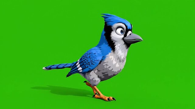 Vibrant cartoon blue jay standing on green screen with open beak