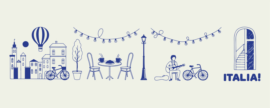 Blue City Paris Romantic Doodle Set, Eiffel Tower Street Light Illustration, European Travel Landmark Clipart Design, Romantic Couple Bench Graphic Bundle, Vintage Paris Scene Element Collection, Fren