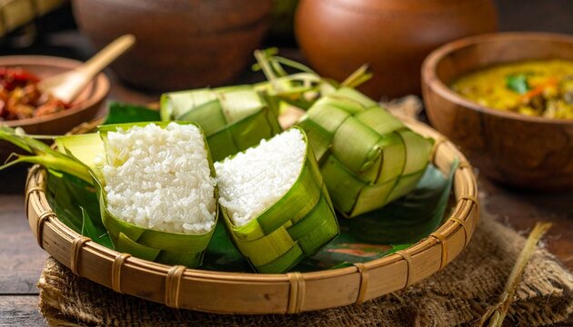 Ketupat is a typical Indonesian food made from sticky rice wrapped in neatly woven palas leaves. Behind you can see sambal and curry, perfecting this appetizing traditional dish.