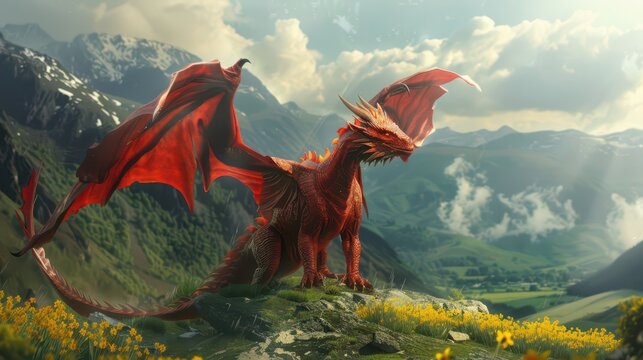 Majestic red dragon in mountain valley on saint david's day. Horizontal banner. Copy spacde. Welsh red dragon with spread wings and glowing eyes