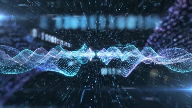 Abstract digital waves with glowing particles and binary code
