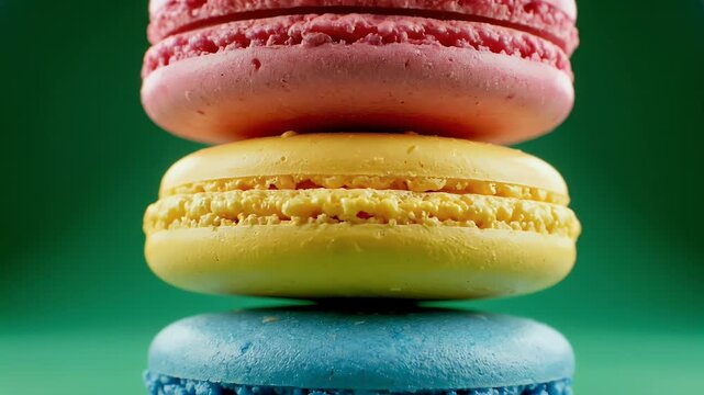 A stack of colorful almond meringue cookies, three-layered, with a bright green backdrop
