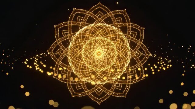 Golden mandala pattern with intricate design and glowing particles on black background, 3D render effect.