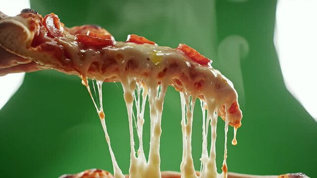 A close-up shot of a pizza slice being lifted, with strings of melted cheese stretching downward