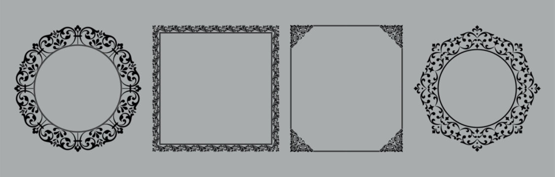 Set of decorative frames Elegant vector element for design in Eastern style, place for text. Floral black and gray frames. Lace illustration for invitations and greeting cards