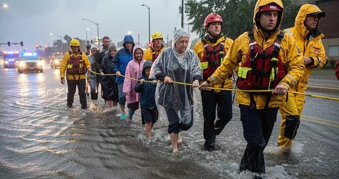 People wading through floodwaters rescue operation during daylight