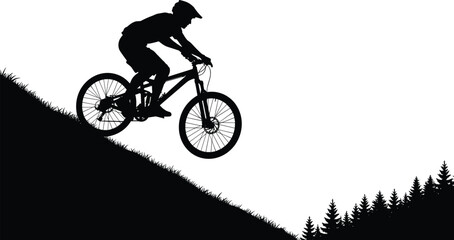 Obraz premium Mountain biking silhouette, downhill rider illustration, forest outdoor design, cycling jump art, adventure sport graphic, extreme terrain resource, dynamic motion outline