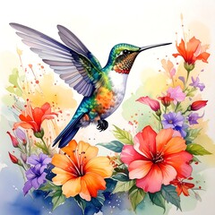 Watercolor hummingbird hovers amidst vibrant flowers