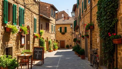 Charming European Alleyway. Photograph of a quaint stone street with colorful buildings and flower decorations, ideal for travel and tourism content.