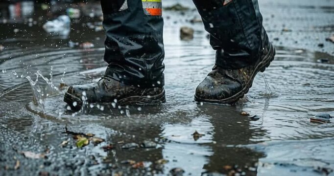 Person standing in puddle closeup showing boots on wet pavement