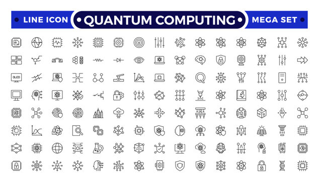 Quantum Computing outline icon set for AI Hardware and Acceleration, Featuring GPU Card, AI Accelerator Chip, Server Rack, CPU, RAM, Motherboard, Data Flow, Cloud Computing, and Quantum Chip.