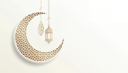 A golden crescent moon and lanterns, representing themes of faith, celebration, and tradition. Capturing the essence of spiritual reflection and joyous festivities.