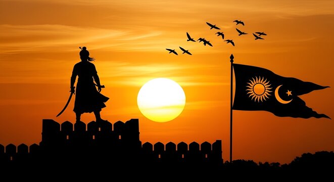 Shivaji maharaj jayanti proud maratha warrior standing on fort wall holding sword with rising sun orange sky flag birds silhouette history heritage culture india celebration artwork