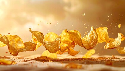 Crispy Potato Chips Twisting in Mid-Air with Golden Light.