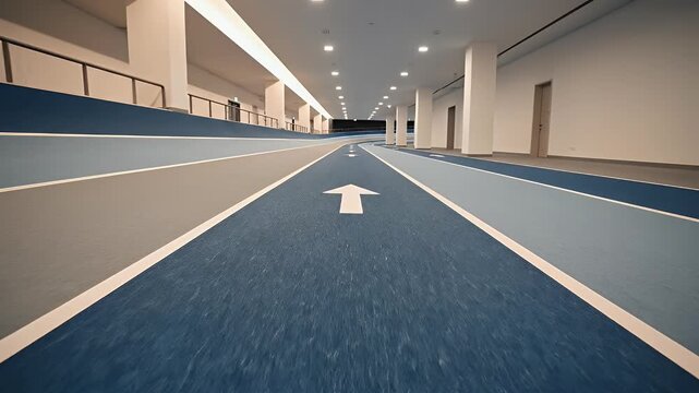 A perspective view of an indoor track with arrows, ascending a mild curve, lit by overhead lighting