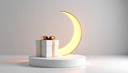 Minimalist white gift box on round podium with glowing crescent moon backdrop representing ramadan or eid mubarak religious holiday themed background