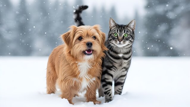 Loyal brown terrier dog and elegant tabby cat walking side by side through a quiet snowy forest, united as unlikely best friends exploring a peaceful winter landscape together with confidence, curiosi