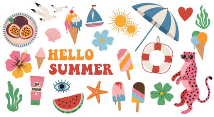Colorful summer stickers display hello summer message with ice cream © Hussnain