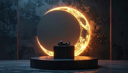 Minimalist black gift box on round podium with glowing crescent moon backdrop representing ramadan or eid mubarak religious holiday themed background