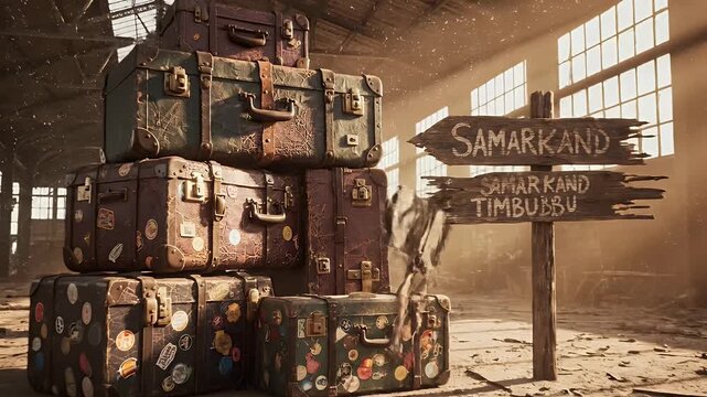 A pile of vintage luggage, brown leather, and brass, and a blurred wooden sign