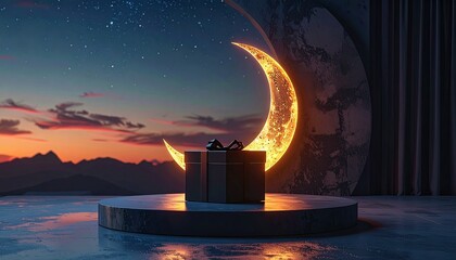 Minimalist black gift box on round podium with glowing crescent moon backdrop representing ramadan or eid mubarak religious holiday themed background