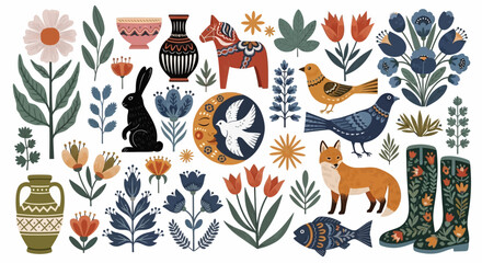 Vibrant whimsical illustration of animals, plants, and objects in a garden setting with ergonomic design elements.