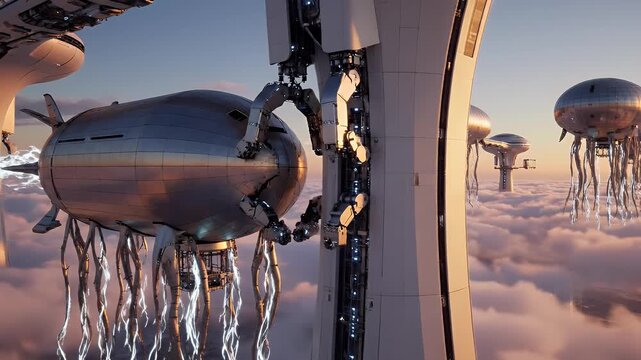Futuristic cityscape, skyborne platforms, cloud sea. Metallic structures with energy emanations. Dawn light, serene landscape