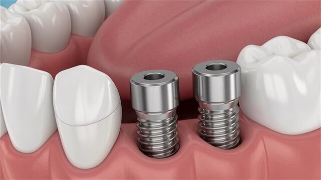 3D Illustration of Dental Implants Screwed into Lower Jaw Bone for Tooth Restoration Procedure.