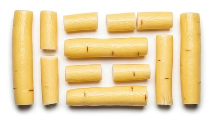 Fototapeta premium Arranged pale yellow cassava root segments on white