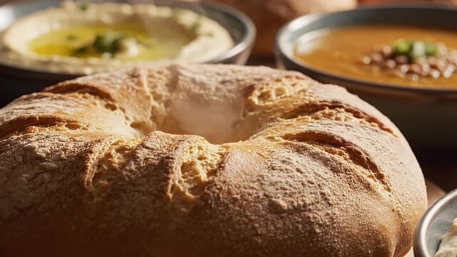 A close-up shot of a loaf of bread, hummus, and soup. Culinary photography