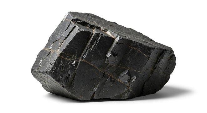 A black roughly hewn stone or mineral sits on a white background casting a shadow