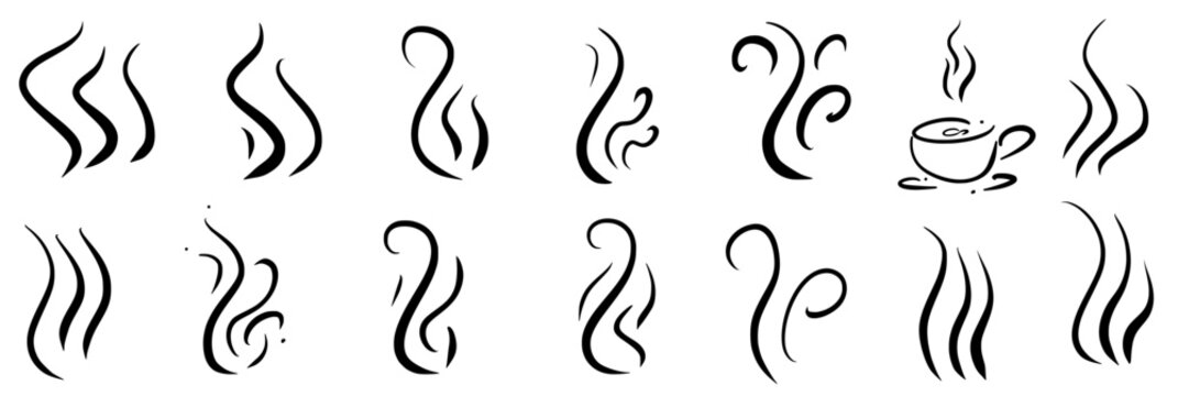 Hot coffee steam rising in doodle waves. Aromatic vapor scribbles icon design with fragrance element. Ideal for food packaging, cooking naive illustration. Vector tea hot steaming effect set isolated.