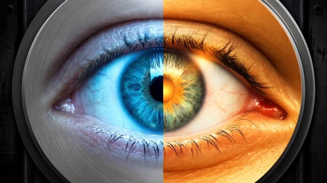 Human eye merged digital symbiosis concept. Closeup of human eye with blue and hazel iris showing contrast and detailed skin texture